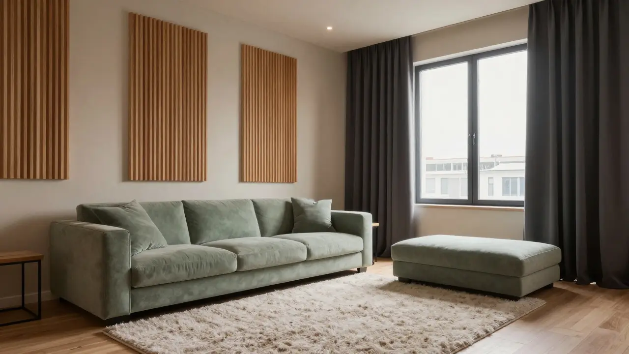 Moderní obývací pokoj s akustickými panely, kobercem a těžkými závěsy.