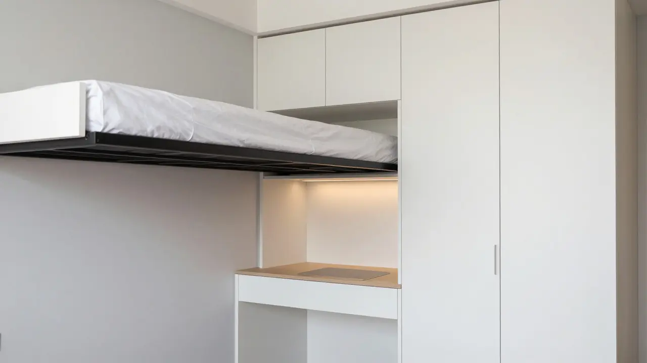 Multifunkční nábytek s vyklápěcí postelí a skříněmi až ke stropu v malém prostoru.