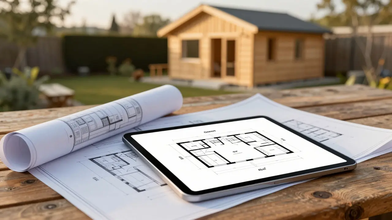 Plány a digitální nárys drobné stavby na pracovním stole s hotovým zahradním koutkem v pozadí.