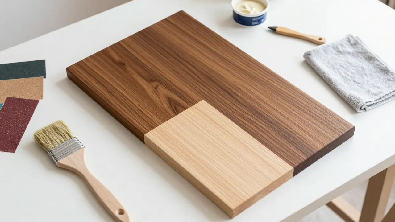 Pracovní stůl s dílním nářadím a částečně obroušeným dřevěným povrchem.