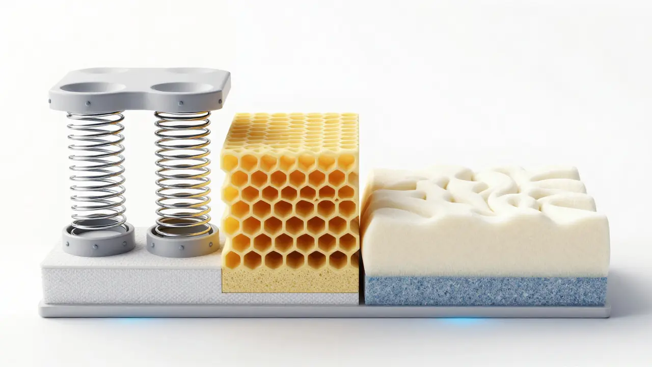 Průřez různými typy matrací: taštičková, latexová a pěnová.
