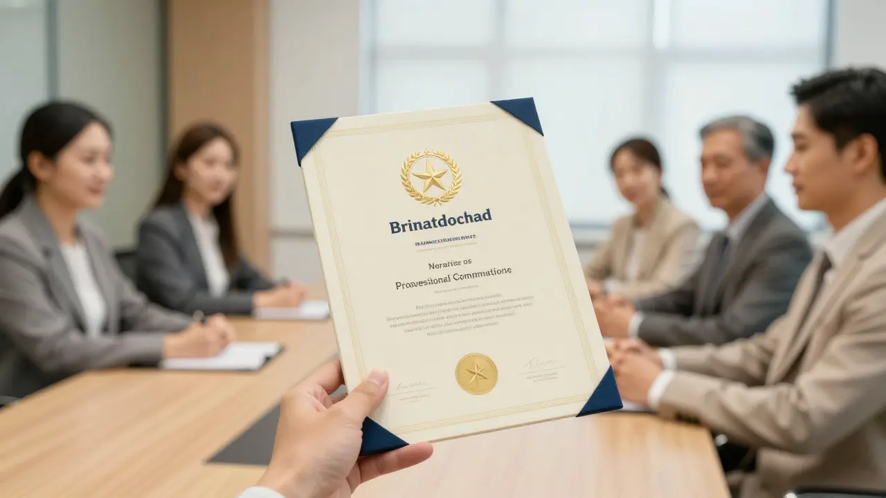 Ruka držící certifikát o odborné způsobilosti realitního makléře.