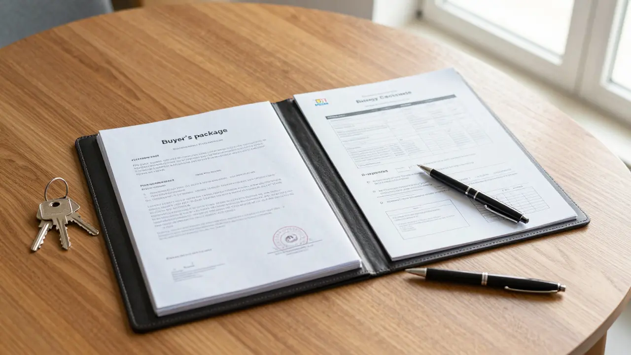 Složka s revizními zprávami a PENB vedle klíčů od domu na stole.