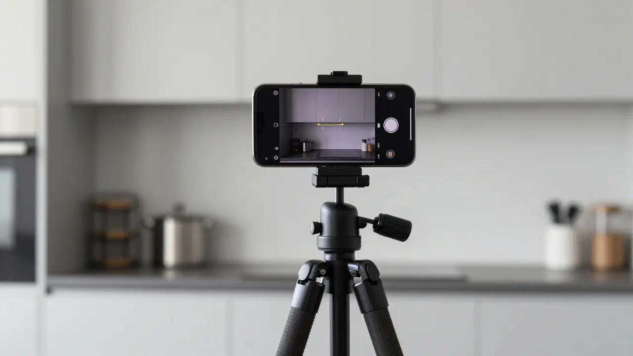 Smartphone na stativu v kuchyni s aktivovanou mřížkou pro rovné linie.