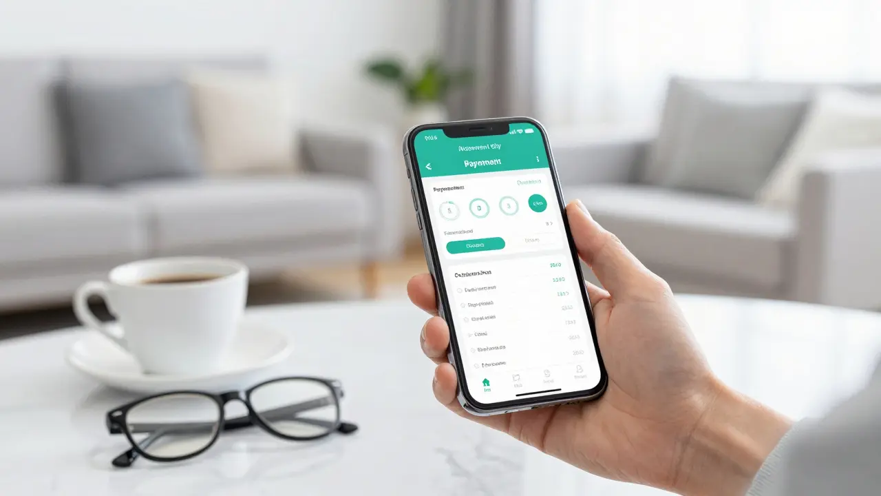 Smartphone s aplikací pro správu pronájmu v moderním interiéru obývacího pokoje.