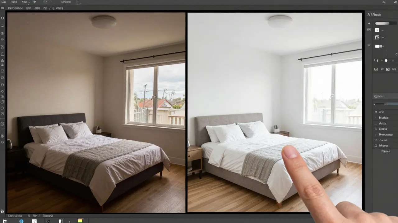 Srovnání fotografie interiéru před a po úpravě jasu a vyvážení bílé.