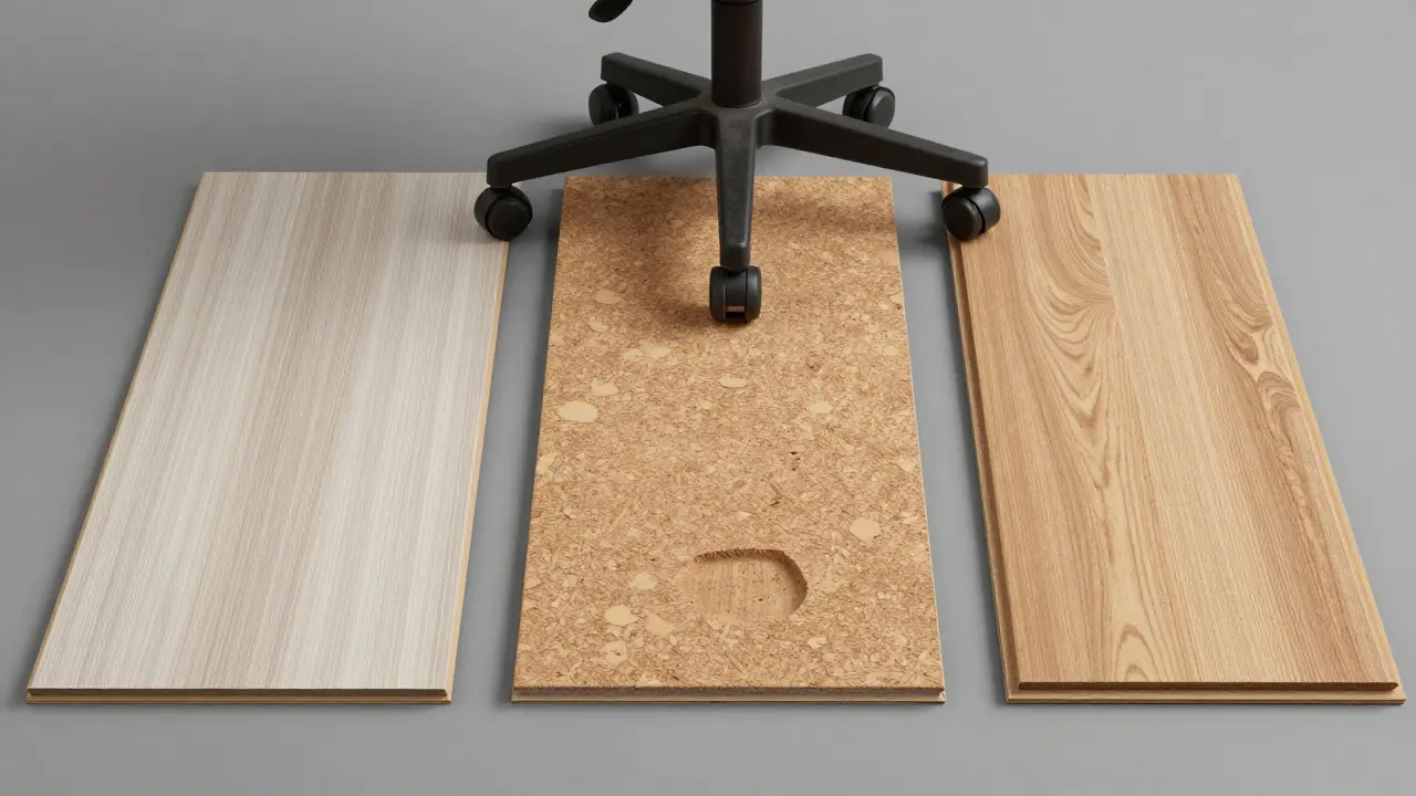 Srovnání vzorků vinylové, korkové a laminátové podlahy pod kolečkem židle.