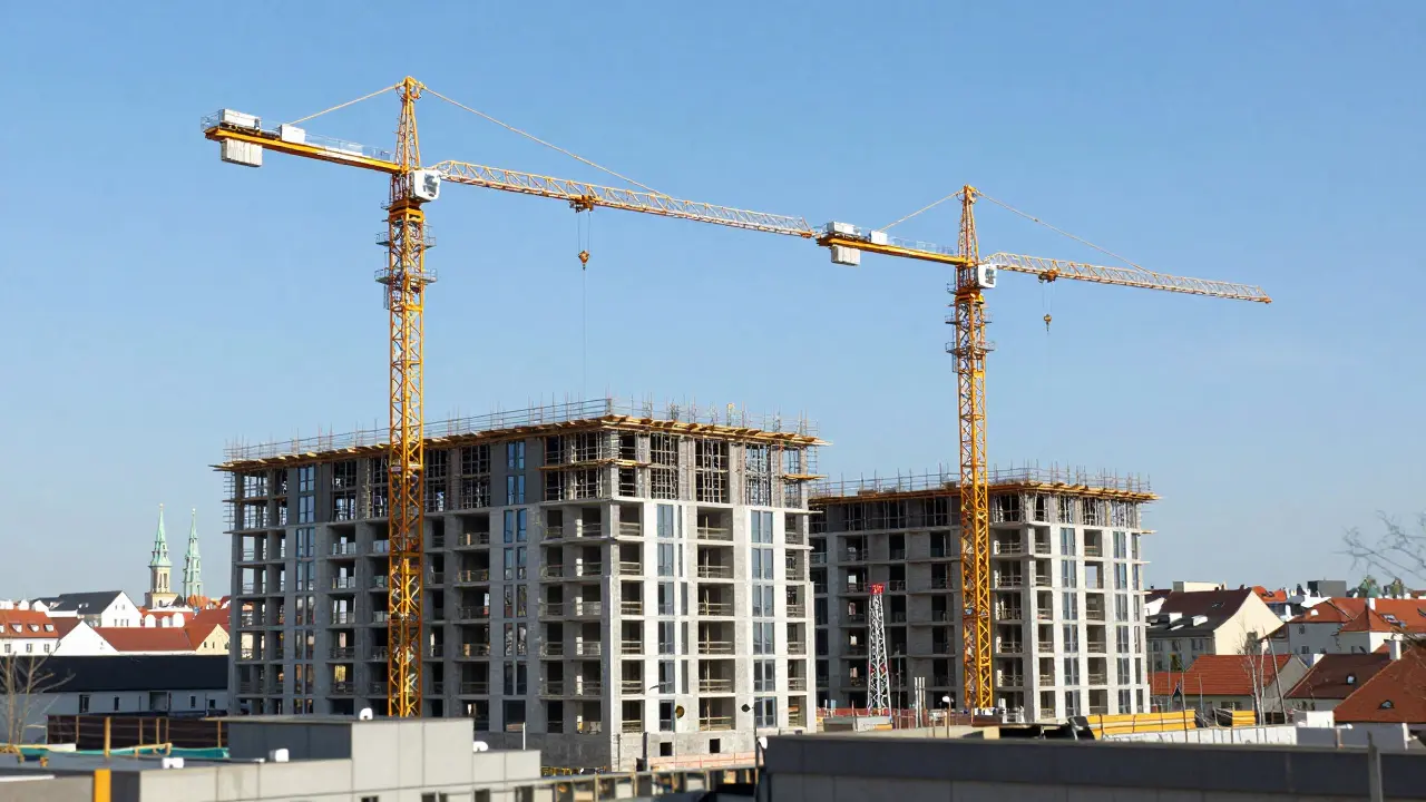 Stavba nového bytového komplexu v Praze s jeřáby na pozadí města.