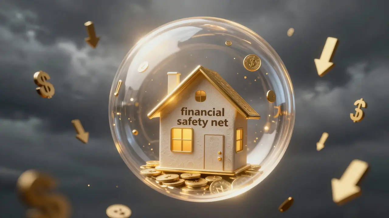 Stylizovaný dům v ochranné zlaté bublině symbolizující finanční rezervu a bezpečí.