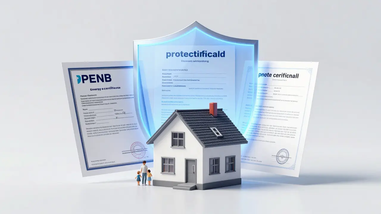 Symbolický ochranný štít z dokumentů obklopující model domu.