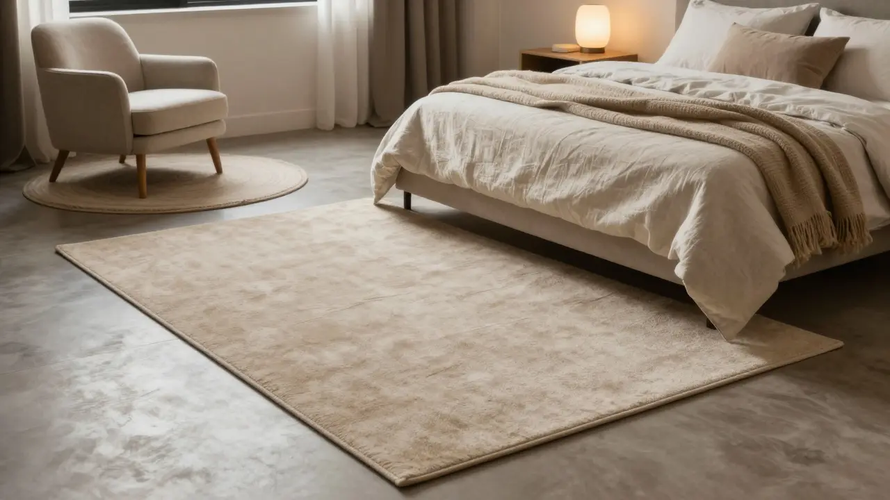  útulná ložnice s béžovými koberci pod postelí a u křesla.