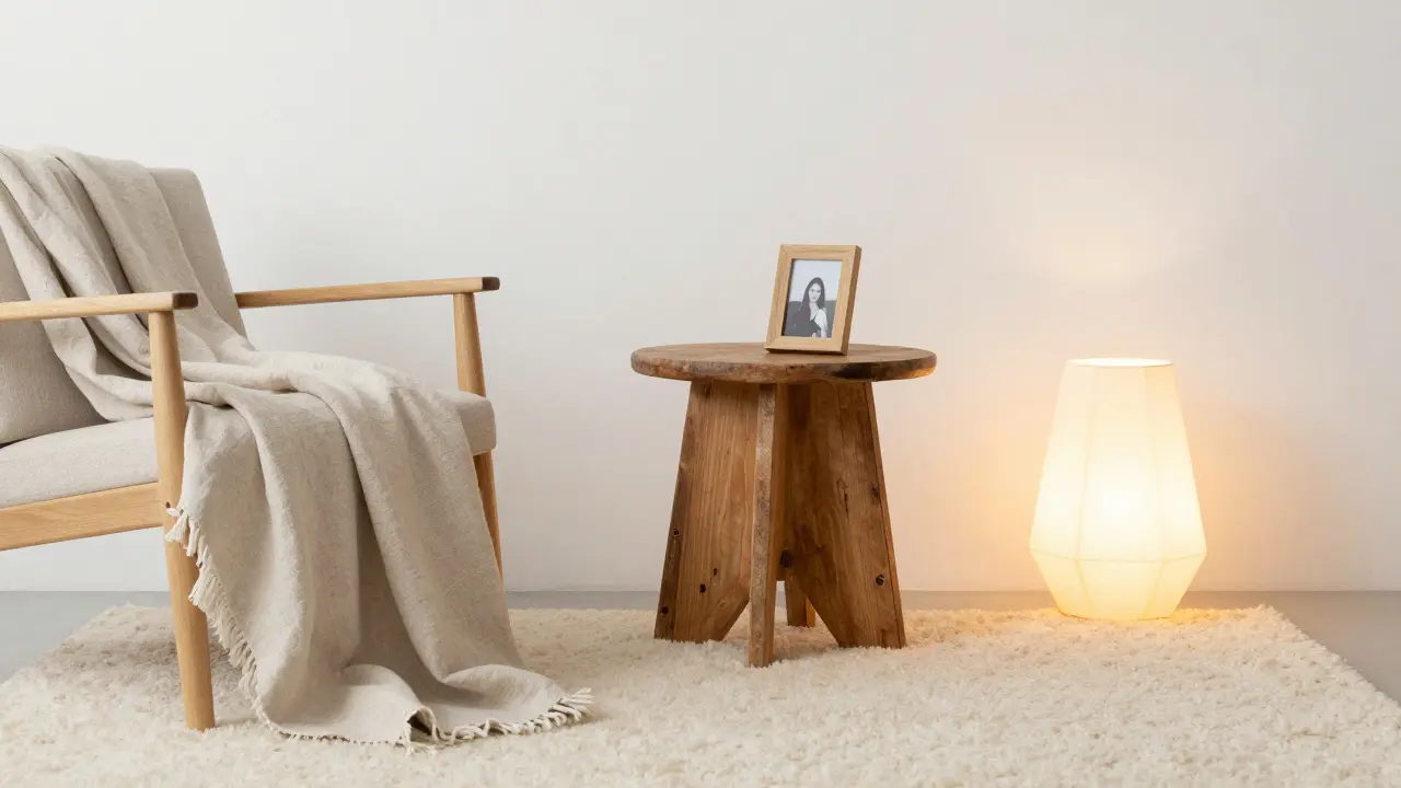 Útulný roh s vlněným kobercem, lněnou přikrývkou a designovou lampou v měkkém minimalismu.