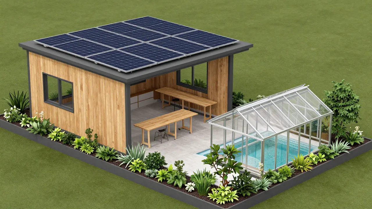 Vizualizace zahradního komplexu s dílnou, fotovoltaikou, skleníkem a bazénem v souladu s novými limity.
