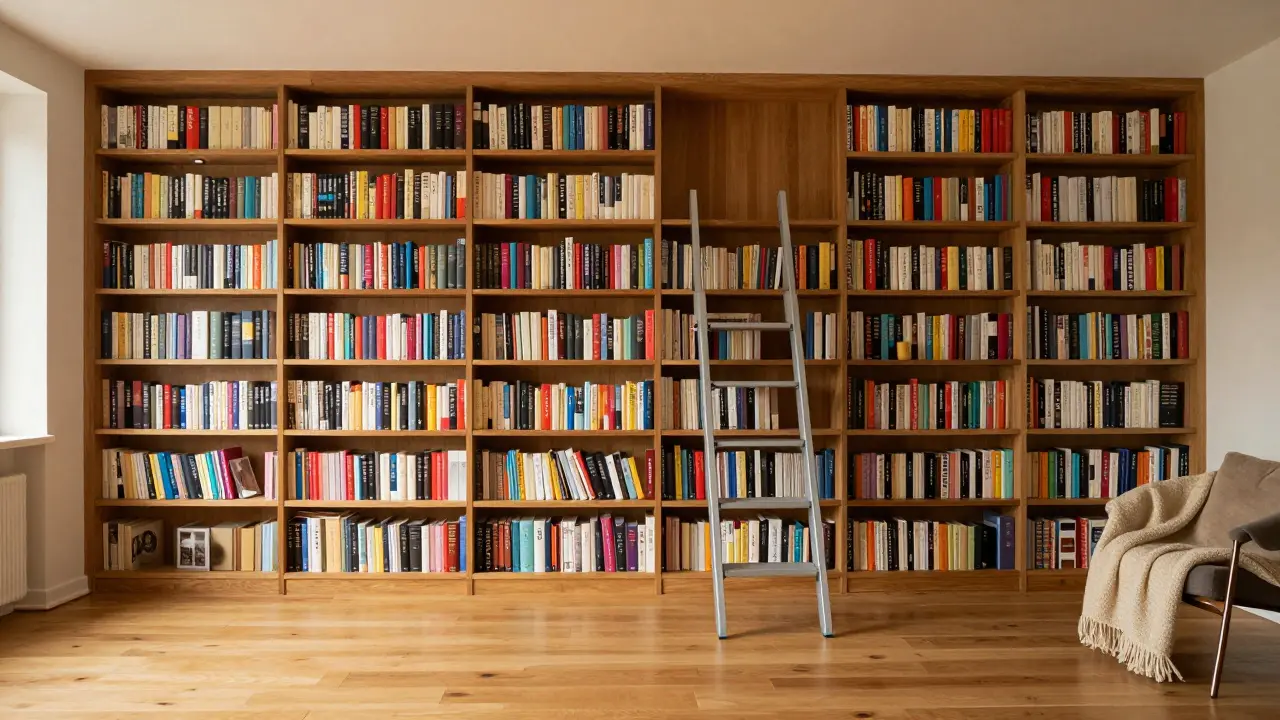 Vysoká knihovna sahající až ke stropu s designovými schůdkami v útulném interiéru.