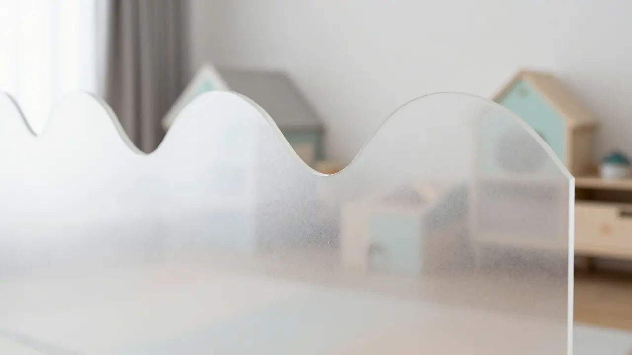 Zakřivená oddělovací stěna z polykarbonátu v minimalistickém interiéru.