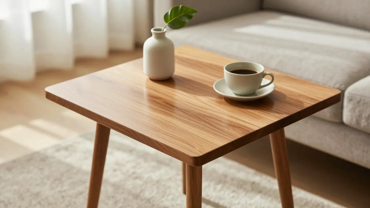 Zrenovovaný moderní dřevěný stolek v brightním obývacím pokoji.