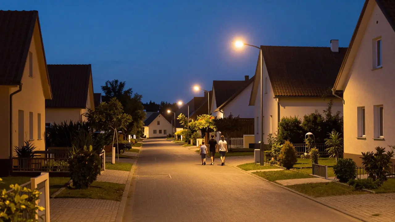 Bezpečná obytná ulice večer s rodinou procházející pod pouličními lampami