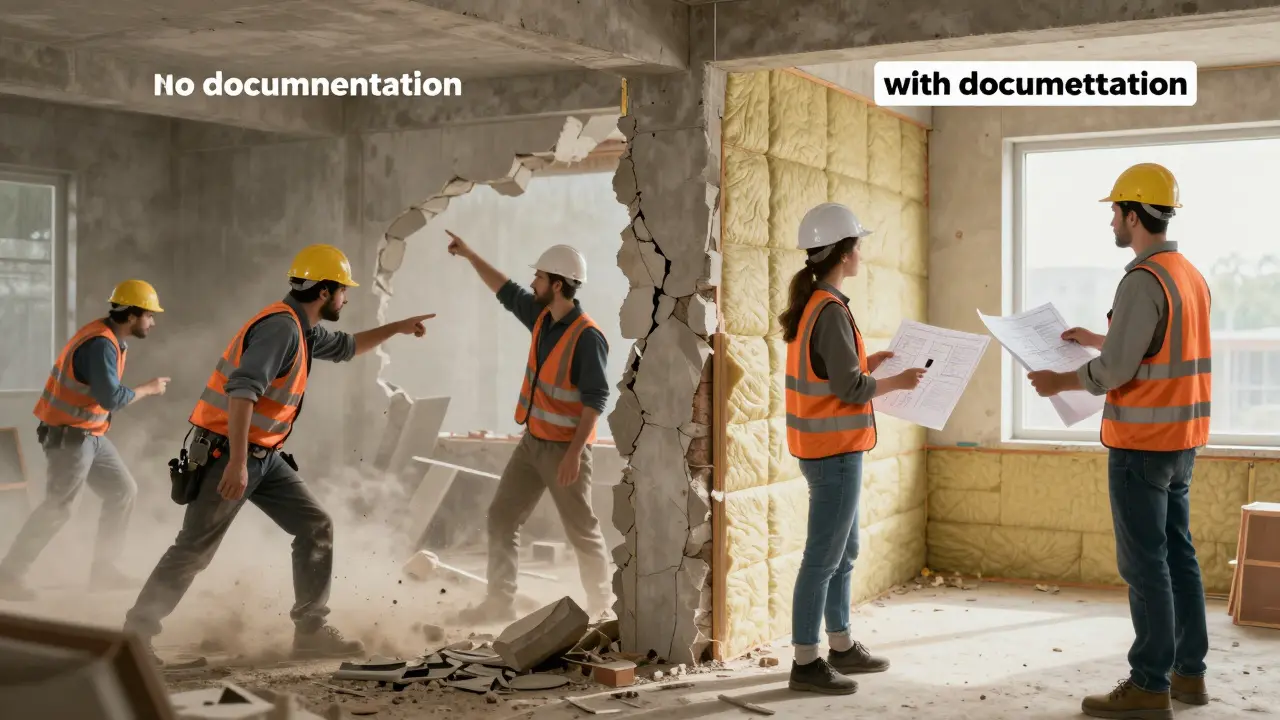 Contrast between chaotic construction without plans and orderly work with documentation