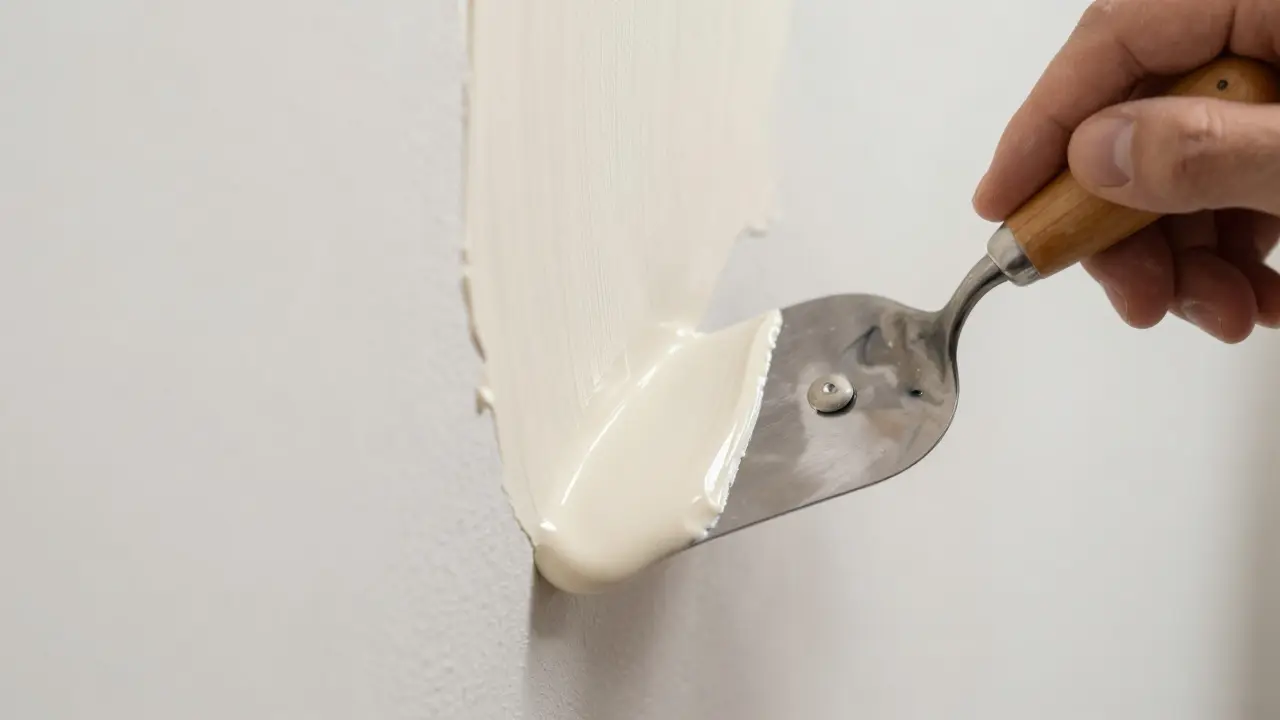 Detail ruky nanášející dekorativní štuk na zeď pomocí nerezové špachtle.