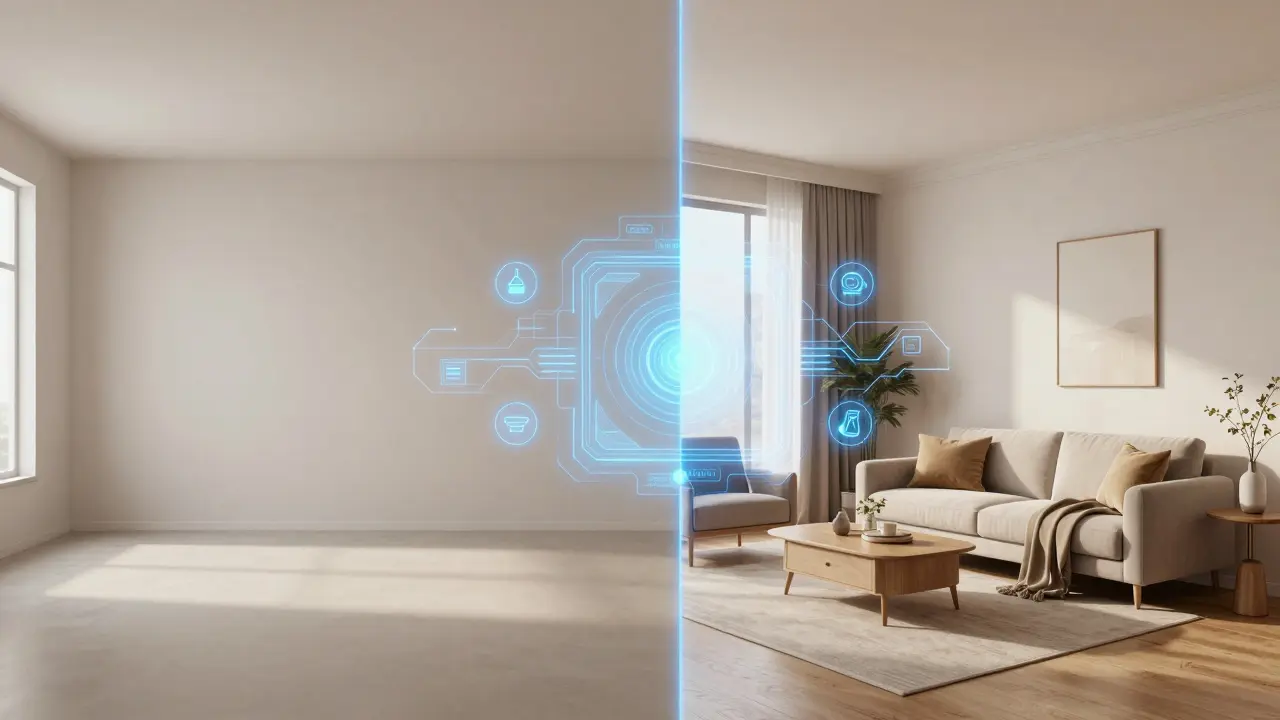Digitální vizualizace prázdného bytu proměněného virtuálním stagingem