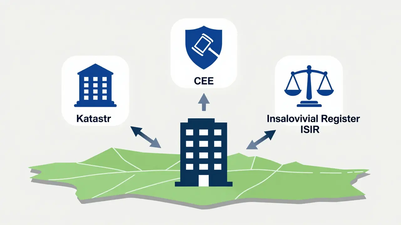 Ikony databází Katastr, CEE a ISIR nad siluetou bytového domu