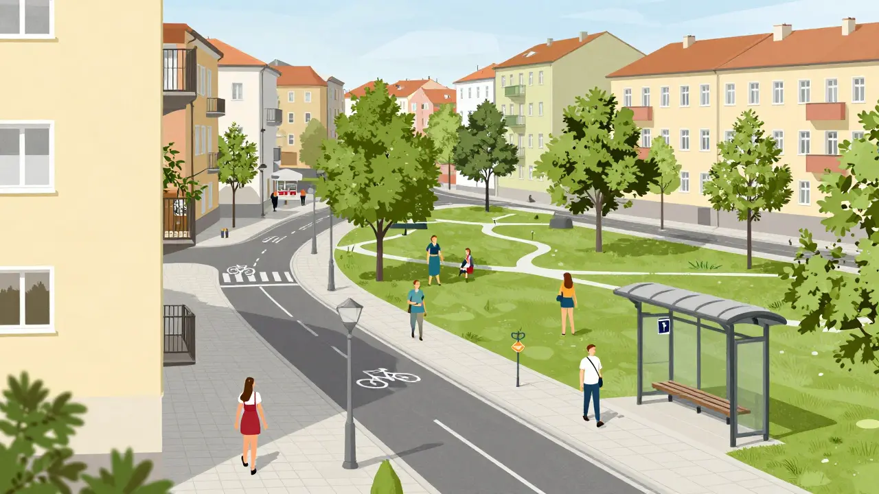 Ilustrace konceptu patnáctiminutového města s obchody a parky