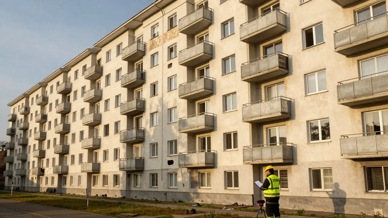 Inspektor zkoumá fasádu panelového domu s termokamerou za slunečného dne