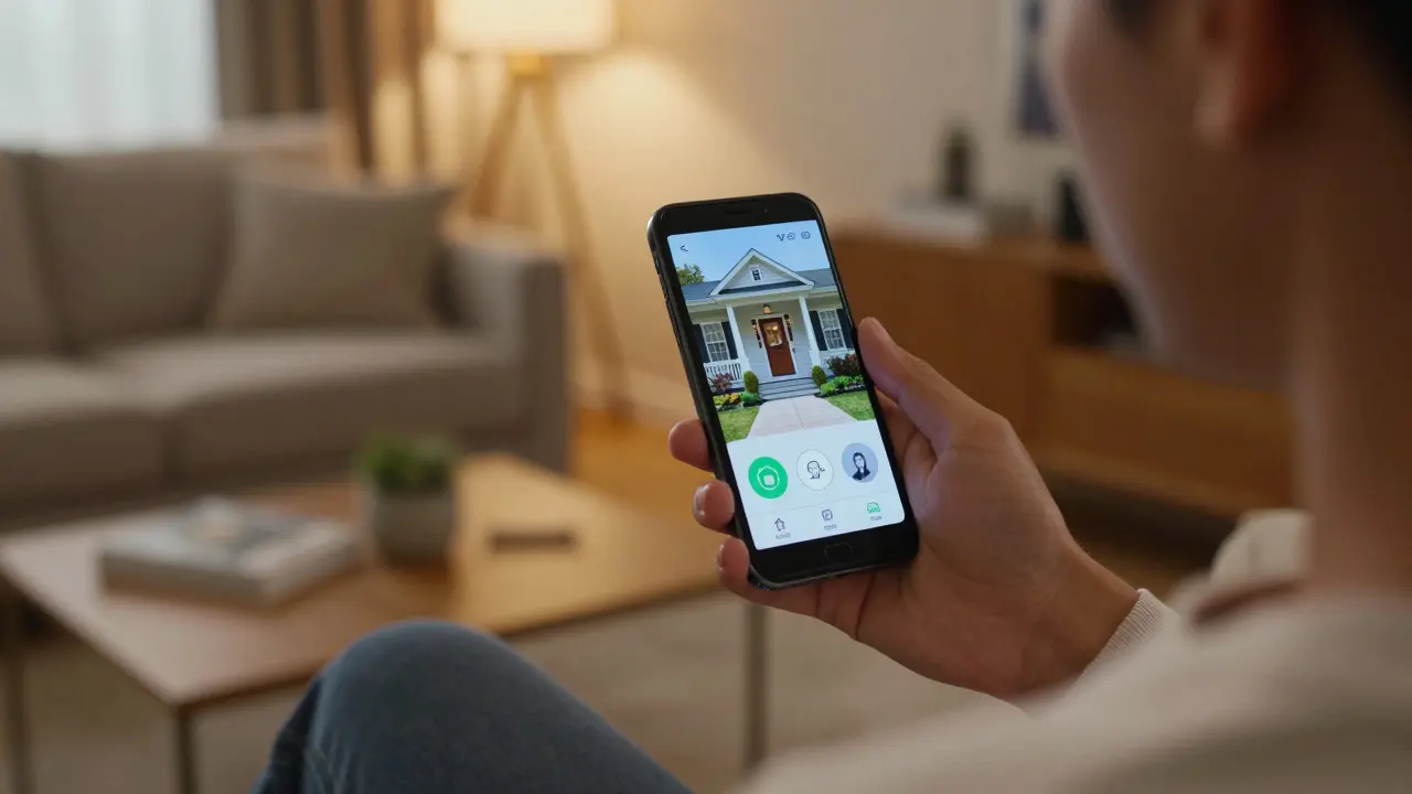 Uživatel otevírá dveře pomocí aplikace na telefonu z obýváku