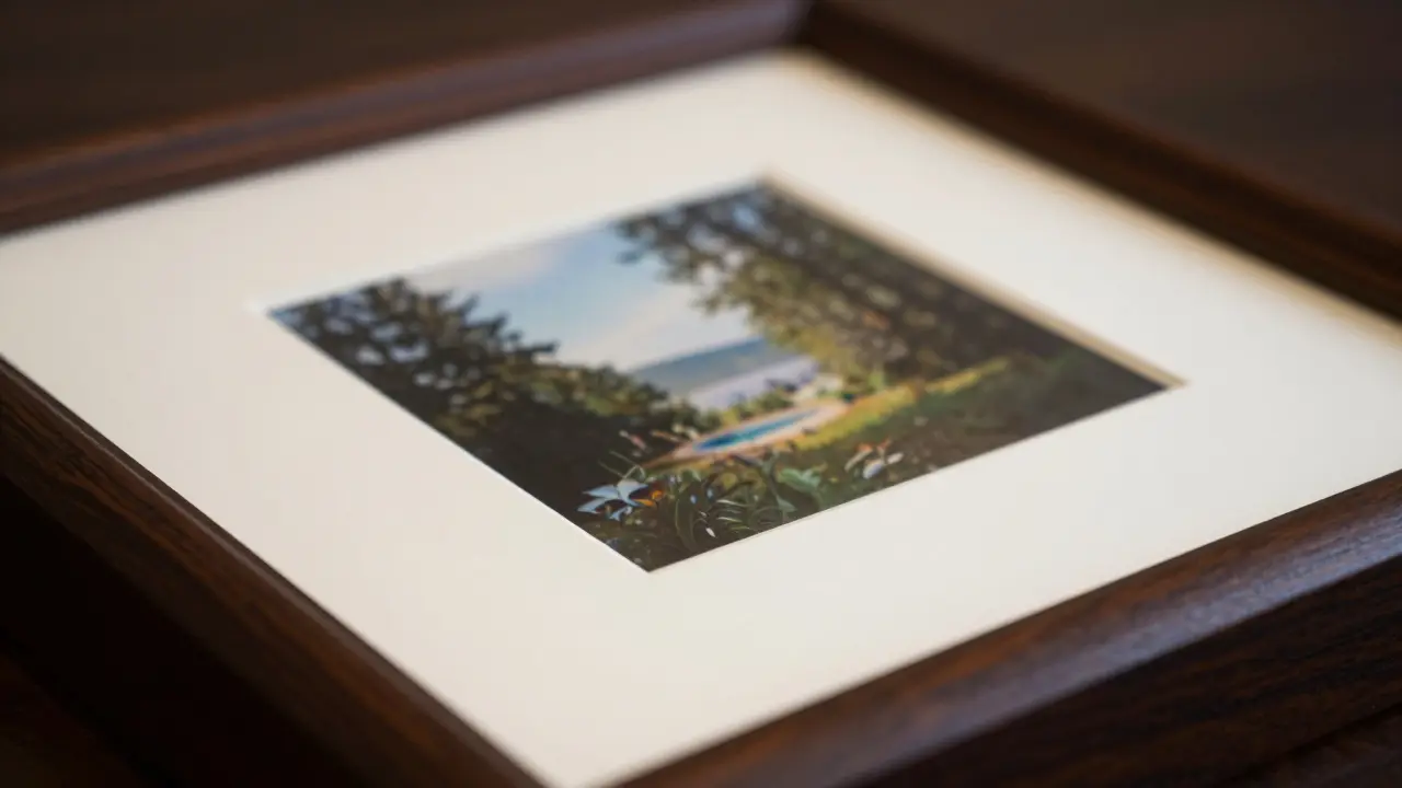 Detail dřevěného rámu s bílou paspartou kolem fotografie