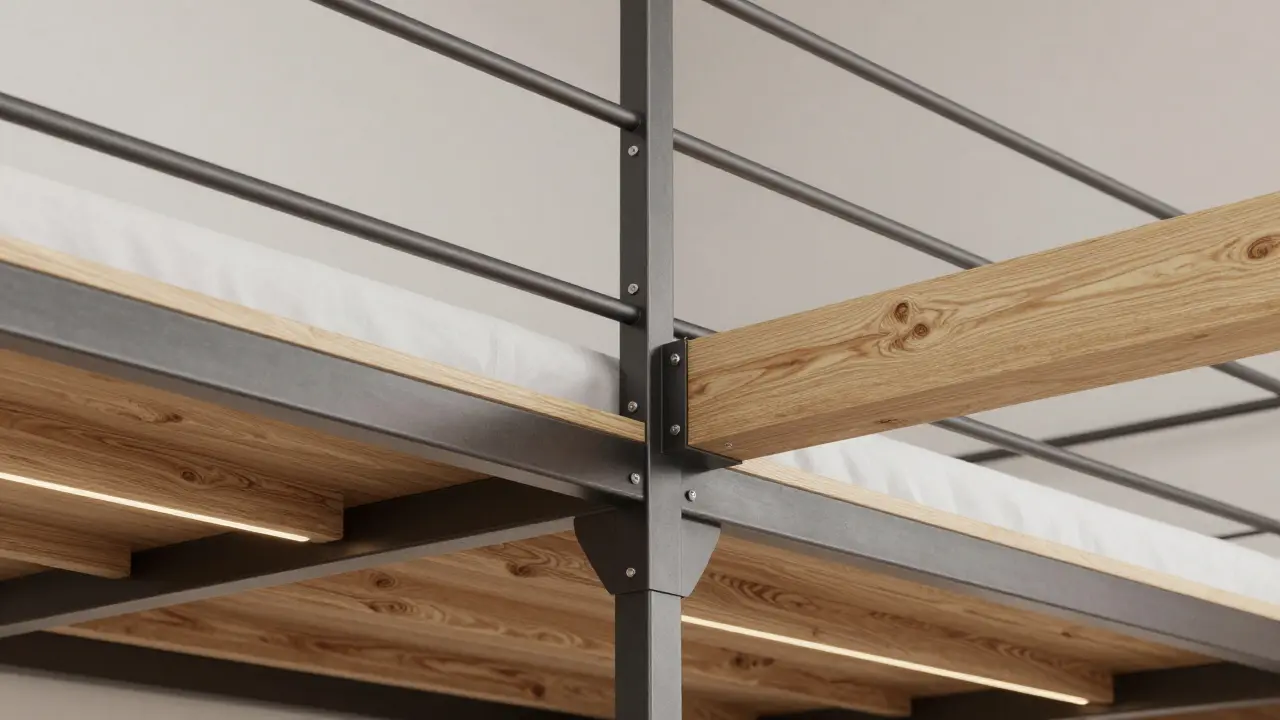 Detail konstrukce loftové postele z dřeva a oceli s LED osvětlením