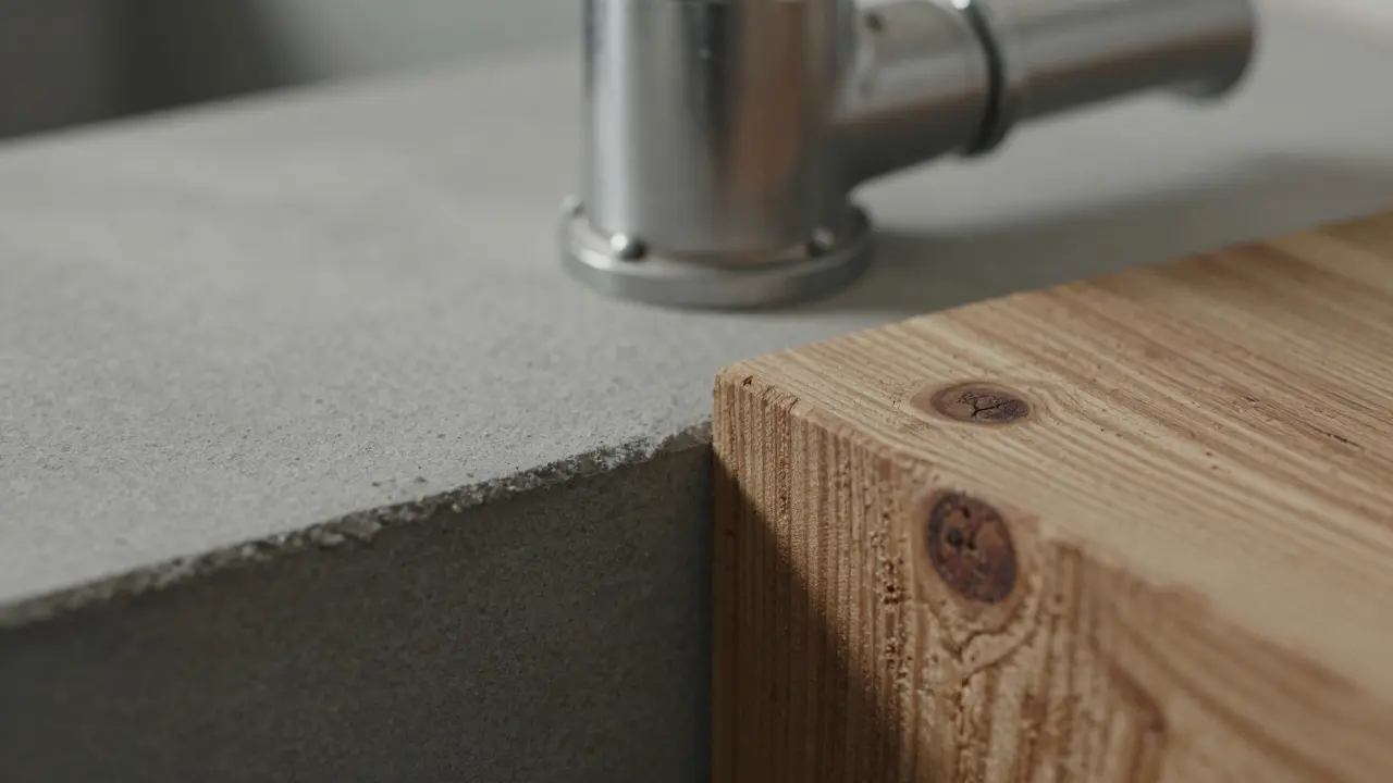 Detail materiálu: hrubý beton, dřevo a kov v industriálním stylu