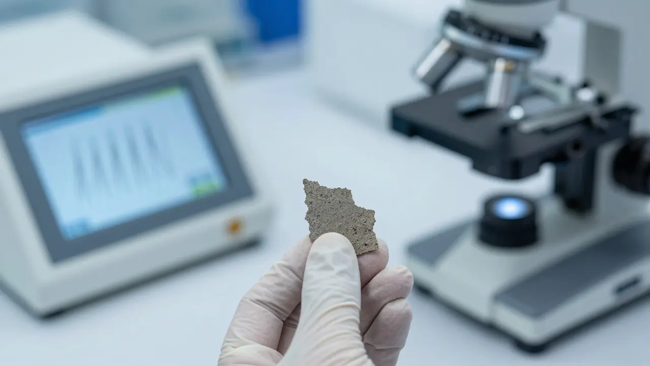 Laboratorní test vzorku stavebního materiálu pod mikroskopem na azbest.