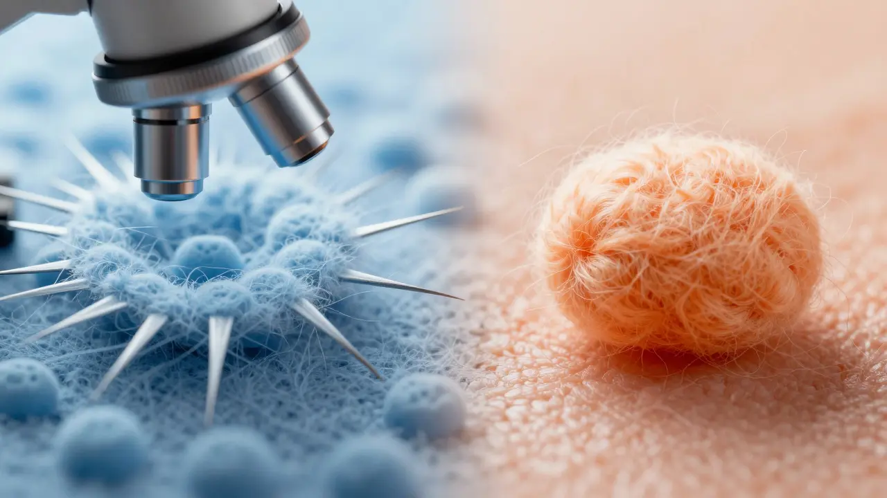 Mikroskopické srovnání hrubé vlny a jemné merino vlny na kůži