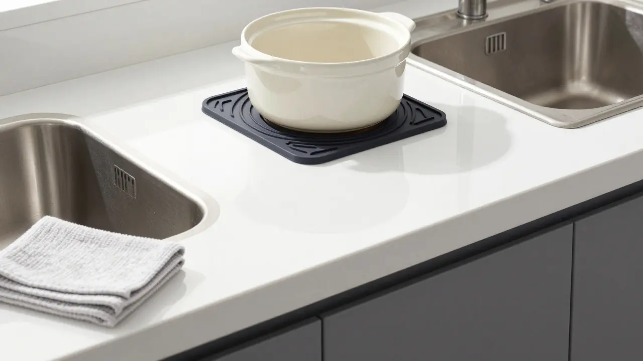 Moderní laminátová kuchyňská linka s horkým hrncem na podložce