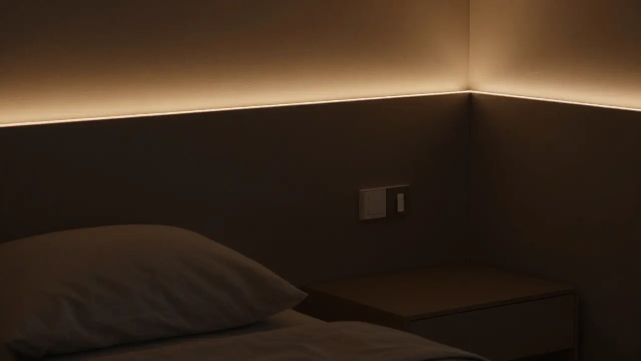 Moderní ložnice s jemným LED nočním osvětlením a stmívačem