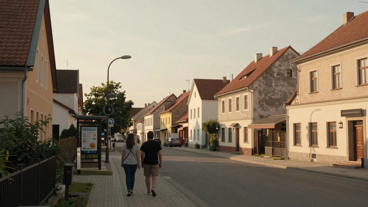 Pár prochází sousedstvím při hodnocení lokality