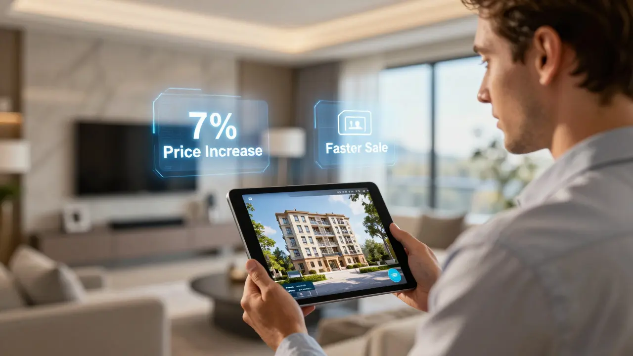 Realitní makléř s tabletem ukazující virtuální prohlídku bytu