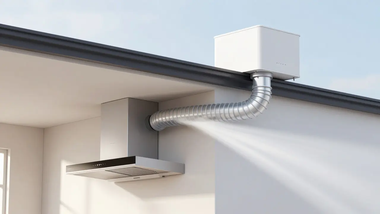 Schéma externí ventilace s ventilátorem na střeše pro tichou kuchyň
