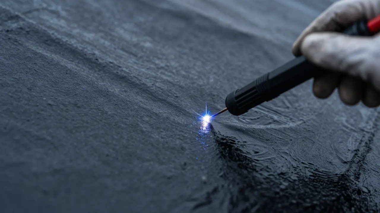 Technik provádí jiskrovou zkoušku na střeše, elektrický oblouk odhaluje mikrotrhlinu