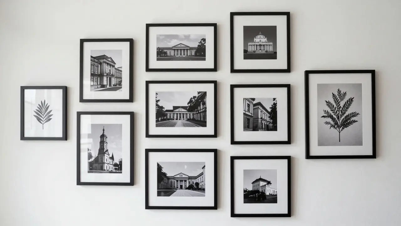 Uspořádaná galerijní stěna s černými rámy a různými motivy
