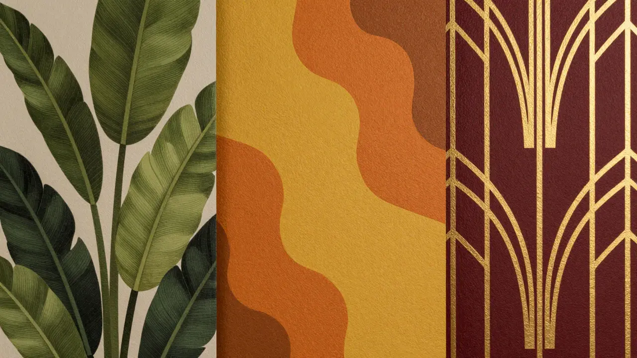 Detail retro vzorů: botanické listy, geometrie a Art Deco linie