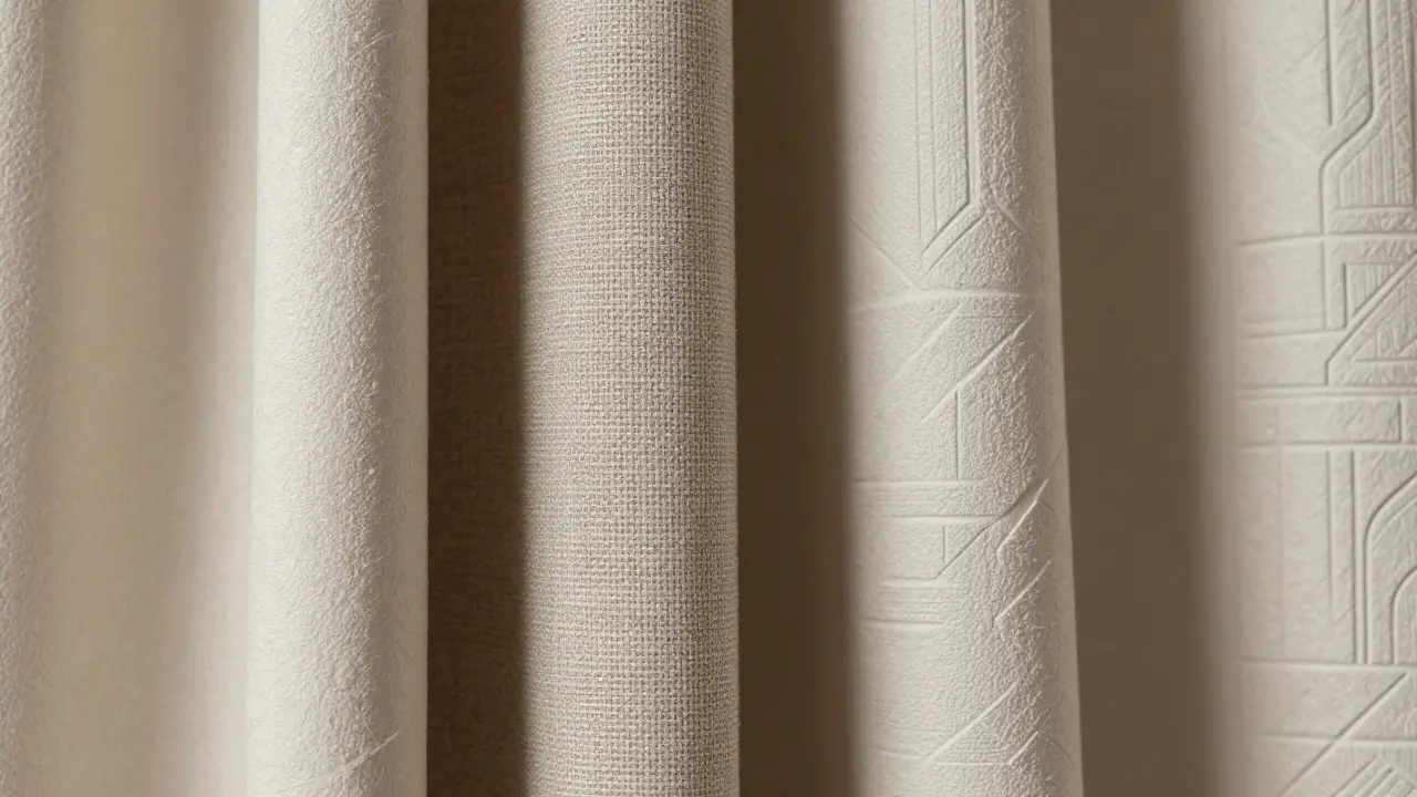 Detailní záběr různých textur tapet: kámen, lno a geometrie ve studijním světle