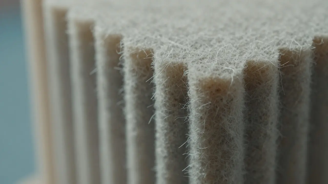 Detailní záběr struktury akustického panelu ukazující vláknitý materiál pro pohlcení zvuku