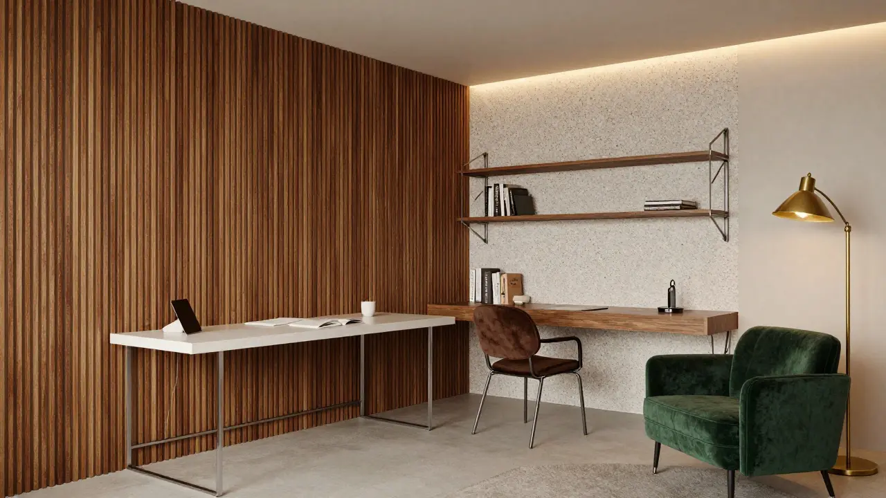 Domácí kancelář kombinující dřevěné lamely a minimalistický design