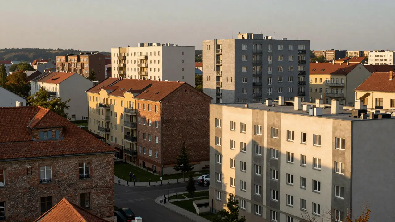 Panorama městské čtvrti se studenty, ukazující poptávku po nájmu