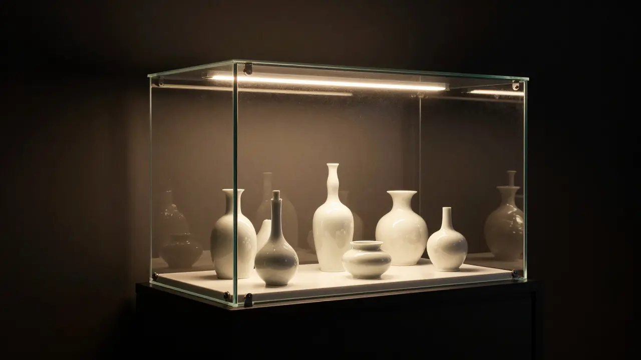 Sklenní vitrína s teplým LED osvětlením a porcelánovými figurkami