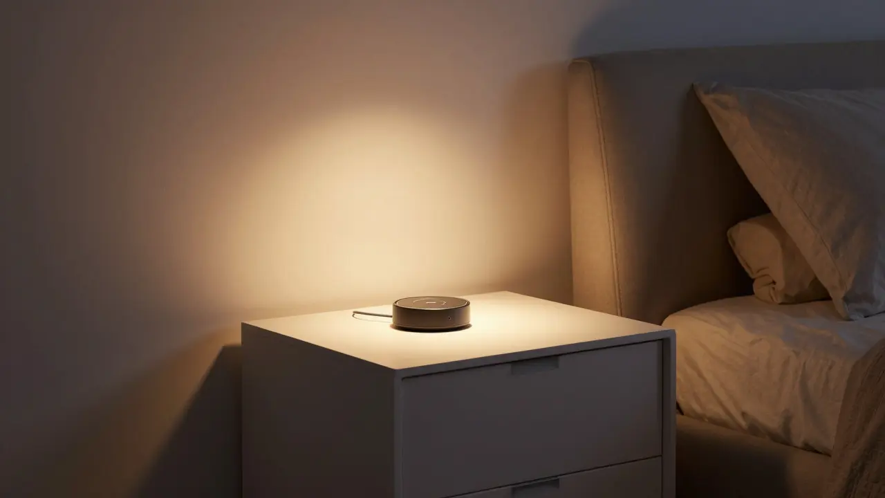 Chytré osvětlení a bezdrátové nabíjení v moderním minimalistickém bytě