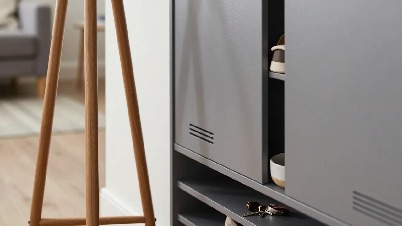 Close-up of wooden coat rack and metal shoe storage details