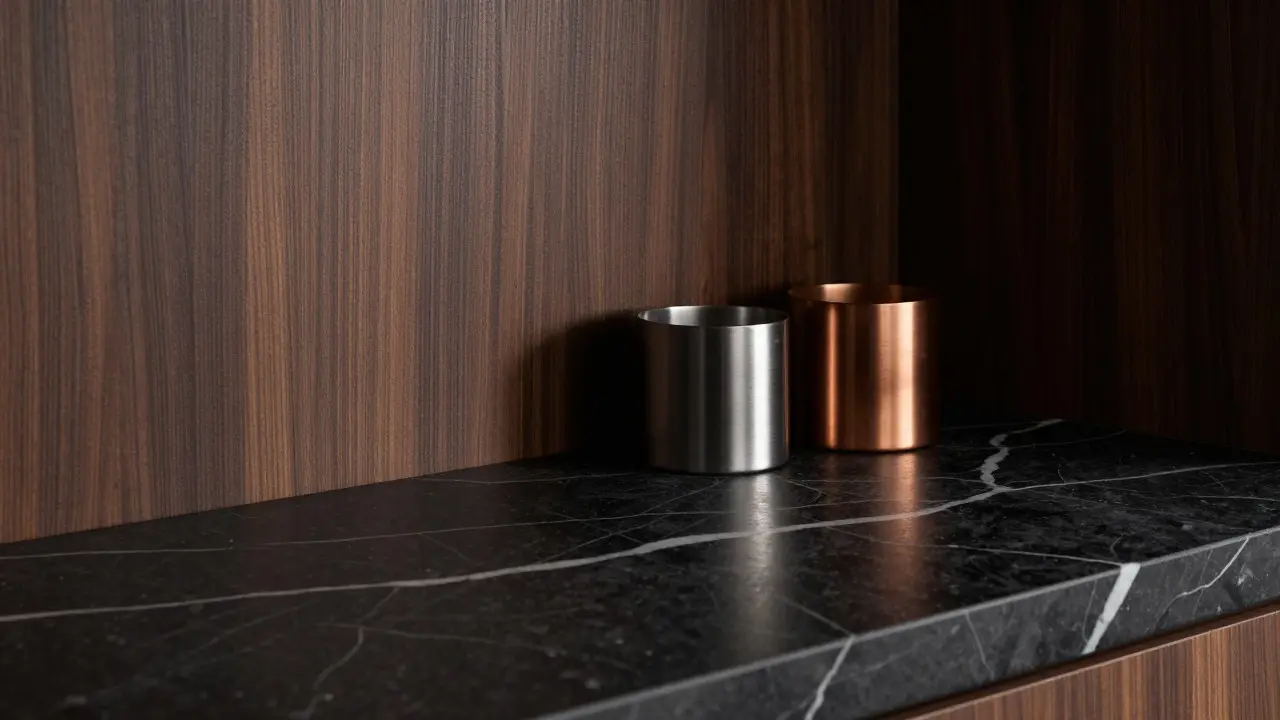 Dark walnut wood and black marble countertop with brushed steel and copper details