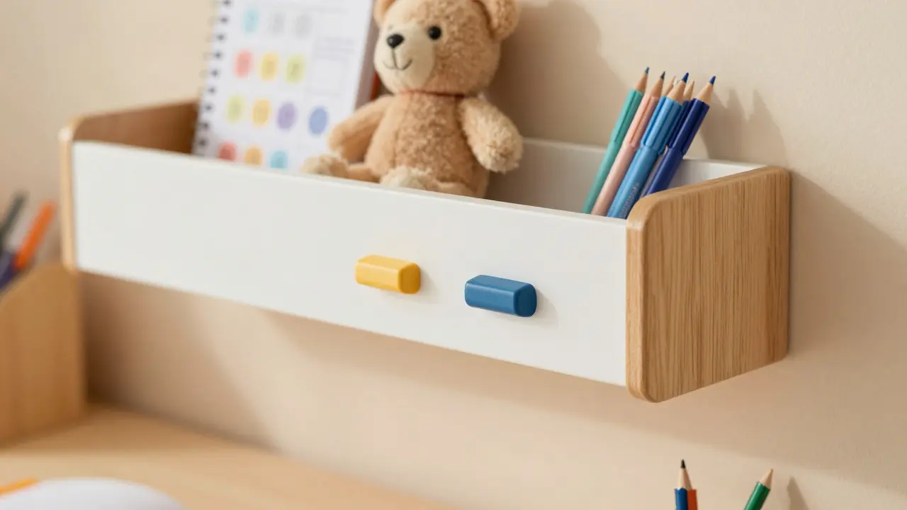 Detail bezpečných zaoblených hran police a ergonomického umístění nad pracovním stolem.